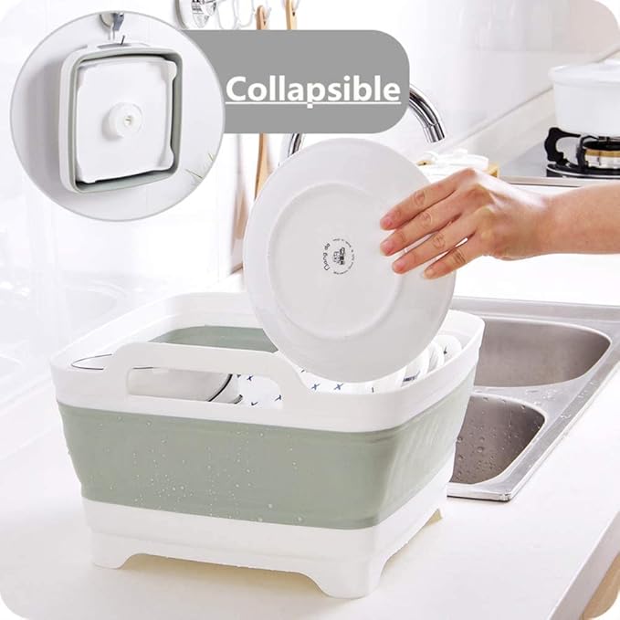 FOSJGO Collapsible Dish Basin with Drain Plug and Carry Handles - 9L Capacity, Portable Sink Tub for Camping and RV
