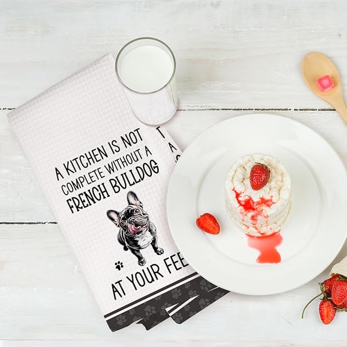 2Pcs Funny French Bulldog Dish Towels, Funny Frenchie Waffle Weave Kitchen Towels, French Bulldog Decorative Hand Tea Towels for Bathroom Kitchen Gifts for Women Dog Lovers