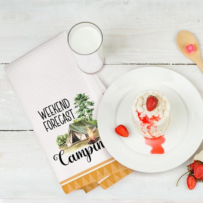 2Pcs Camping Kitchen Towels 24x14 Inch, Bonfire Forest Tent Rv Decor Waffle Weave Hand Towels for Kitchen, White Absorbent Microfiber Dish Cloth Tea Towel, Novelty Camping Gifts for Women Campers