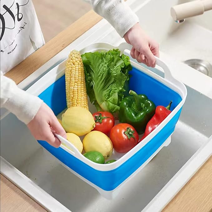 2.4 Gal(9L) Collapsible Dish Basin with Drain Plug, Space Saving Outdoor Multiuse Foldable Sink Tub, Dishpan, Kitchen Storage Tray for Camping, Vegetable Washing, RV (Blue)
