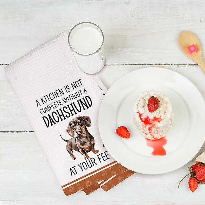 2Pcs Funny Dogs Kitchen Towels 24x14 Inch, Cute Dachshund Waffle Weave Dish Towels for Kitchen Home, White Absorbent Microfiber Hand Tea Towel, Weiner Dog Gifts for Women Dog Lovers 2