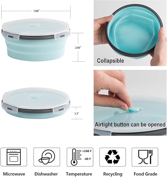 ColorCoral Collapsible Silicone Camping Bowl with Airtight Lid, 2-Pack(1200ml/42oz), Foldable Bowl for Travel, RV, Leakproof Food Storage, Microwave & Fridge Safe, Includes Stainless Steel Fork