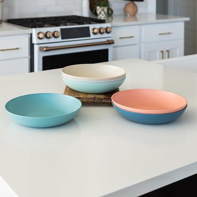 Grow Forward Premium Wheat Straw Pasta Bowls - 42oz Unbreakable Wide & Shallow Dinner Plate Bowls Set of 6 - Microwave Safe Reusable Plastic Pasta Bowls for Kids, Adults, Salad, Camping, RV - Tropical