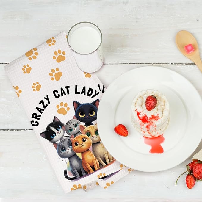 2PCS Cute Cat Kitchen Towels, Cat Themed Gifts Reusable Absorbent Waffle Weave Dish Tea Towels for Cleaning Cooking Baking, Cats Lovers Gifts for Women Microfiber Kitchen Towel, Housewarming Gift-2