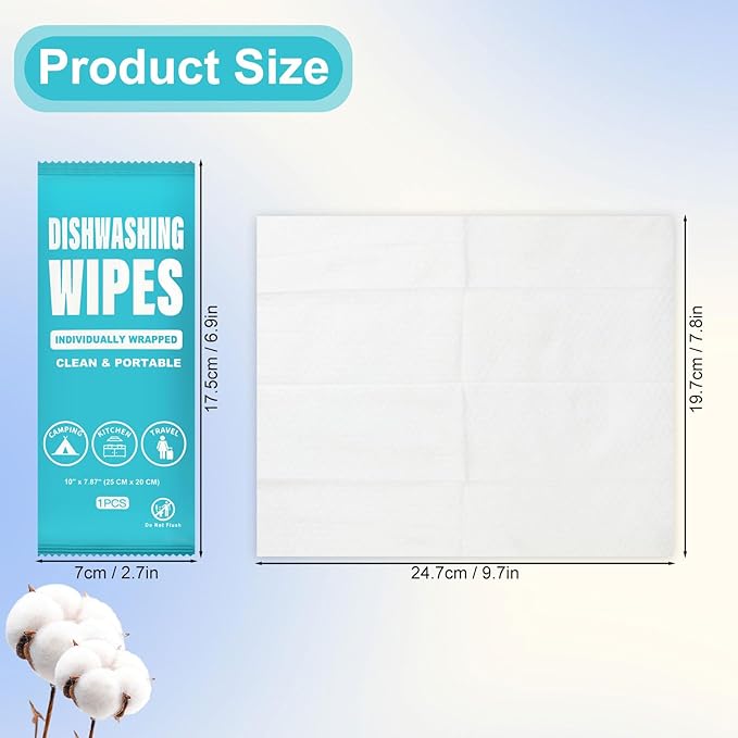 Dish Cleaning Wipes Individually Wrapped, Portable Kitchen Disposable Dish Soap Wipes Bulk Travel Size Quick Cleaning Dishwashing Pads for Outdoor Traveling/Camping/Hotel (50 Pcs)