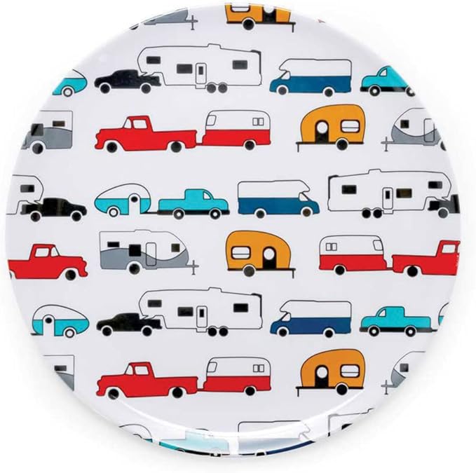 Camco Life is Better at The Campsite Large Dinner Plate - White with Multicolor Retro RV, Camper, and Trailer Print, BPA Free, Melamine (53224)