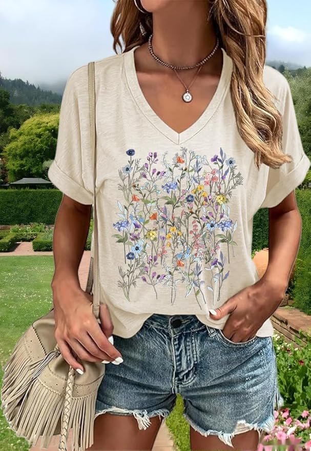 Graphic V Neck Shirt for Women Boho Floral Wildflowers Tee Casual Cottagecore Summer T-Shirt Blouse