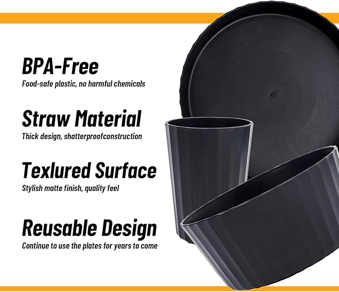 24Pcs Kitchen Plastic Wheat Straw Dinnerware Set,Dinnerware Sets for 6,Microwave Dishwasher Safe Plates