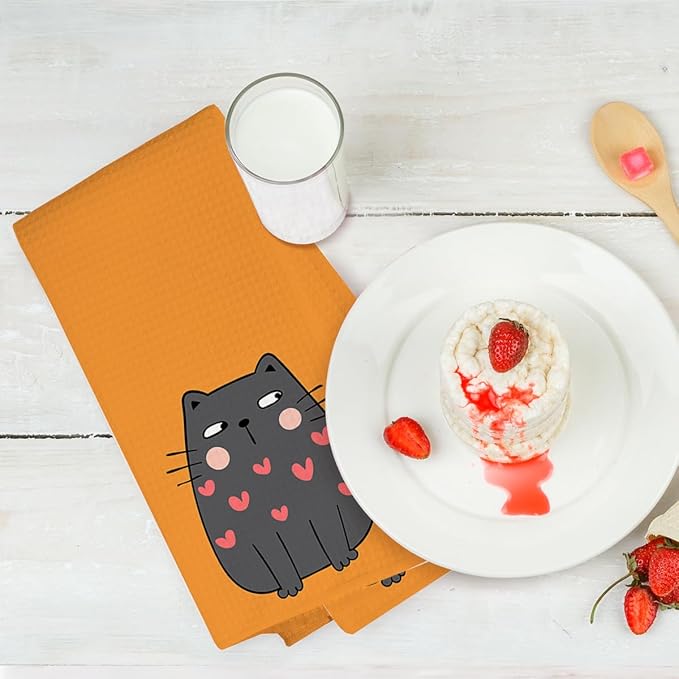 2PCS Cute Cat Kitchen Towels, Cat Themed Gifts Reusable Absorbent Waffle Weave Dish Tea Towels for Cleaning Cooking Baking, Cats Lovers Gifts for Women Microfiber Kitchen Towel, Housewarming Gift