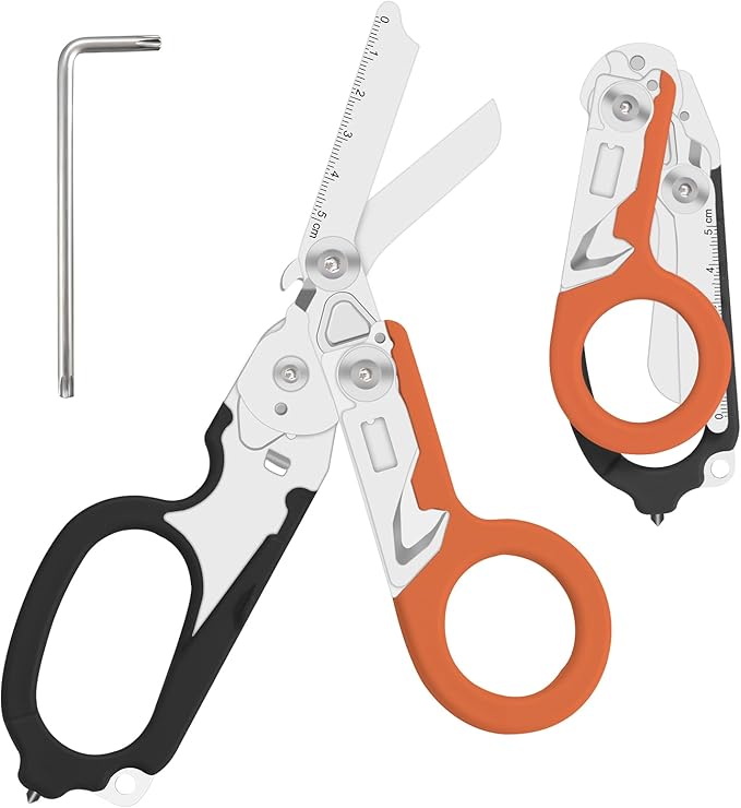 Lemasa6 in 1 6 in 1 trauma shears, Folding Retractable Emergency Shears, Outdoor Camping Tools, Seat Belt Cutter, Oxygen Cylinder Wrench, Complimentary Adjustable Wrench (Black Orange)