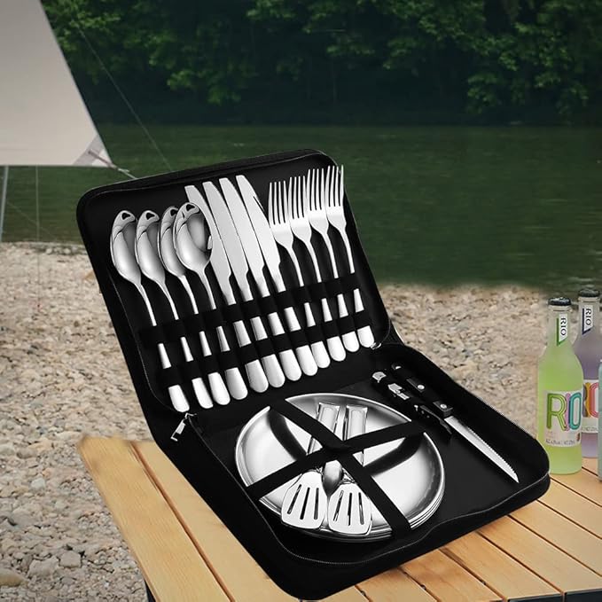 Camping Silverware Silver Picnic Plates and Utensils Set for 4 Portable Tableware Stainless Steel Dinnerware 20 Pieces With Organizer Bag Reusable Durable