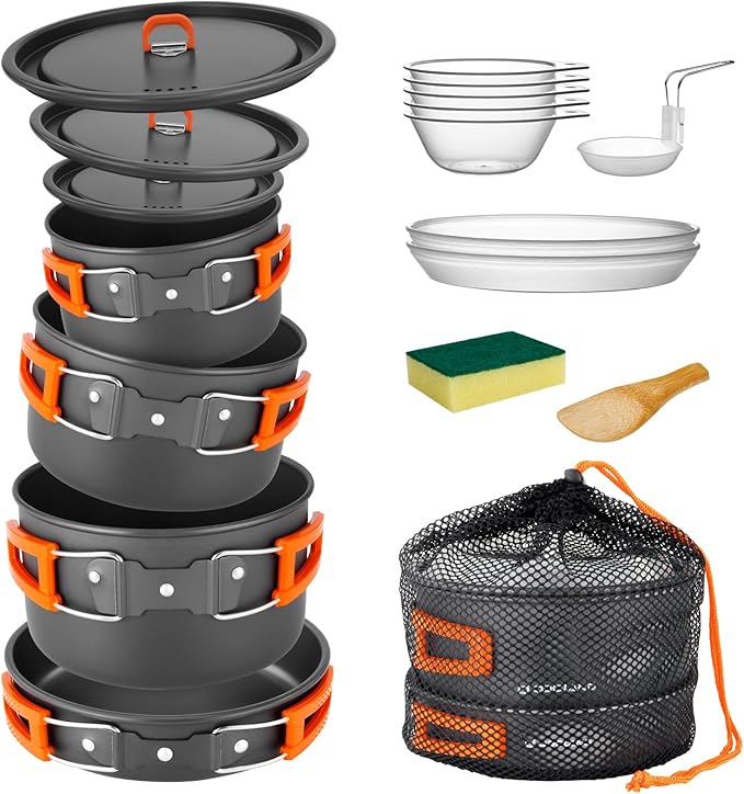 Odoland 15pcs Camping Cookware Non-Stick Lightweight Camping Pots and Pans Set with Kettle Plastic Plates Bowls Soup Spoon for Camping, Backpacking, Outdoor Cooking and Picnic