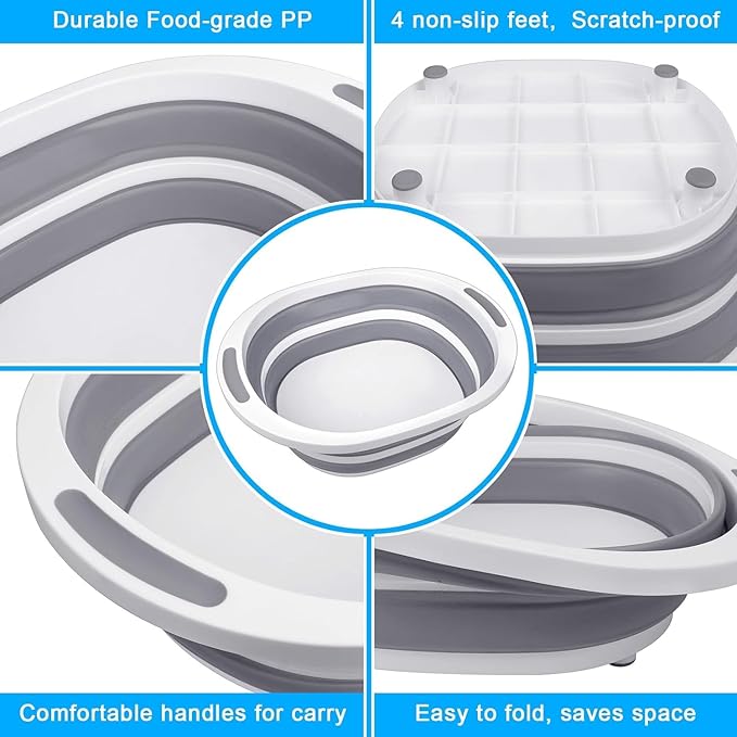 Collapsible Wash Basin, 7.5L Dish Tub Sink Basin Folding Dish Pans for Kitchen Sink, 2-in-1 Dishpan + Cutting Board, Portable Sink Dish Basin for Camping BBQ Prep Tub Washing Bin Bucket with Lid
