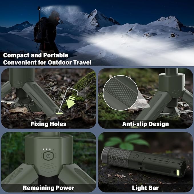Telescopic Portable Camping Light with Stand - 10500mAh Rechargeable Camping Light with Storage Bag, Dimmable Magnetic Tent Lamp,Waterproof Tripod Pole Work Lights for Outdoor Emergency, Hiking,Green