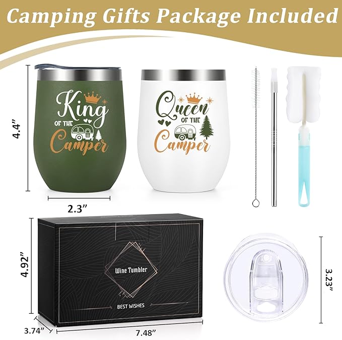 Lifecapido Camping Gifts, Queen of The Camper and King of The Camper 12oz Wine Tumblers Set, Camper Gifts Holiday Gifts Birthday Gifts Christmas Gifts for Capmer (2 Pack, White and Army Green)