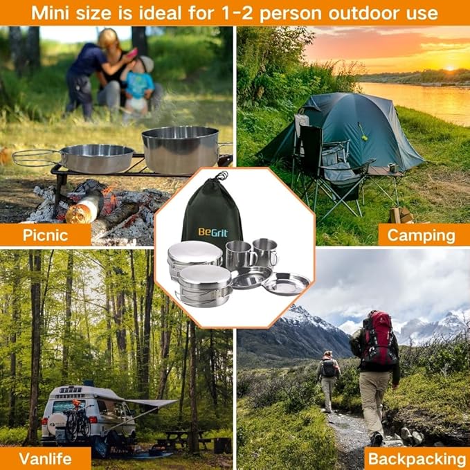 BeGrit Backpacking Camping Cookware Mini Picnic Camping Cooking Mess Kit with Pot and Pan Set for Hiking
