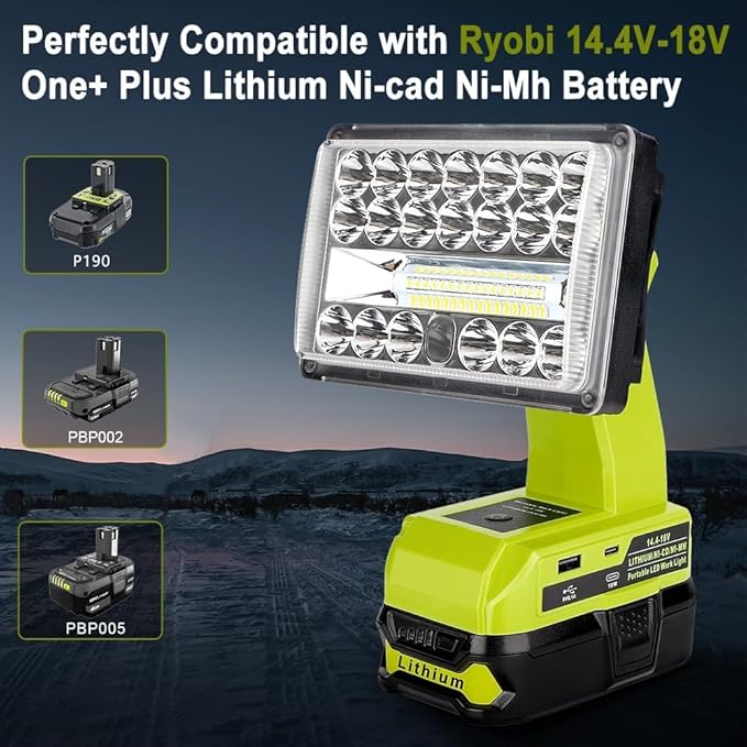 Choerinton 2000LM LED Work Light for Ryobi 18V Battery, 18W Cordless Rechargeable Jobsite Light with Adjustable Rotating Head, USB Powered Portable Floodlight for Outdoor Camping, Car Repair, Garage
