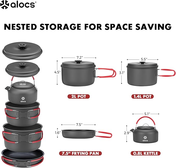 Alocs Camping Cookware Set Camping Gear, Compact Camping Pots and Pans Set, Durable Hard Alumina Camping Cooking Set for Outdoor Backpacking Camping Hiking Picnic, Included Mesh Carry Bag
