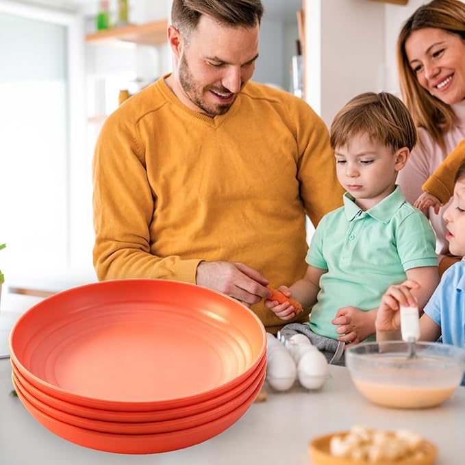 Wheat Straw Plates, Unbreakable Dinner Plates Set of 4, Plastic Plates Reusable, Dishwasher & Microwave Safe, Lightweight Salad Plates for Camping/Kitchen (Orange)
