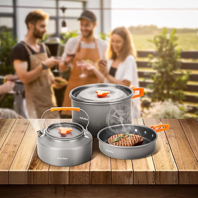 ONLYFIRE OUTDOOR LIVING14pcs Camping Cookware Set, Lightweight Nonstick Pots, Pan, Kettle, Utensils, Bowls, and Cleaning Tool with Mesh Bag for Camping Hiking Backpacking RV Tailgating Cooking, CT604