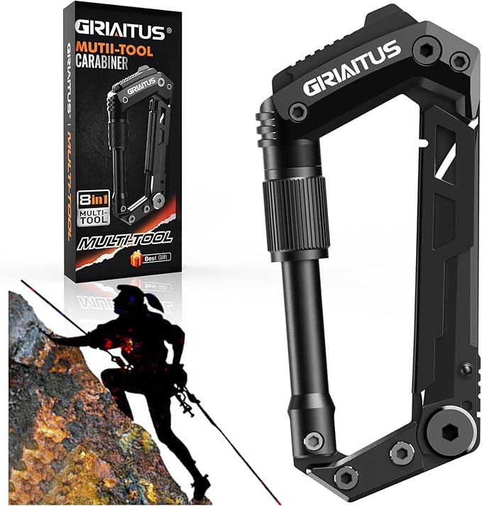 Carabiner Multitool 8-in-1 EDC Carabiners Pocket Knife, Serrated Knife, Rope Cutter, Screwdriver, Can Bottle Opener, Ruler, Survival Gear for Camping Climbing Hiking, Gifts for Men (Black)