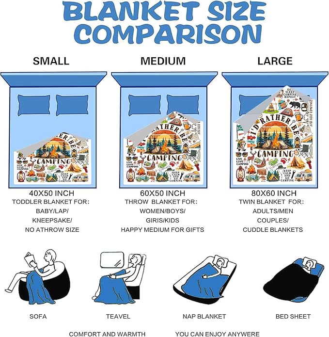Camping Blanket Camping Gifts for Men Women Stuff Plush Camper Blankets and Throws Camping Gifts for Men Women Boys Teens Camping Lovers Birthday Party Decorations Hiking Fishing 60"X50"