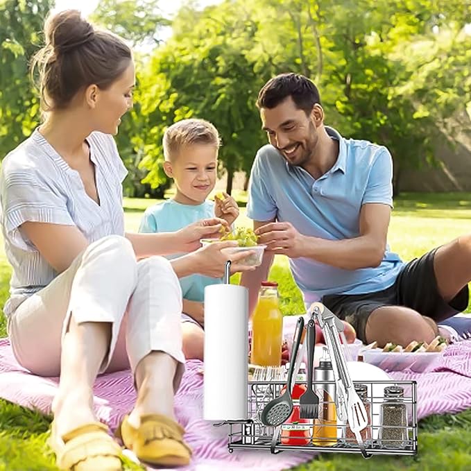 Picnic Caddy BBQ Utensil Caddy for Outdoor Grill Camping for Plate Cutlery CompartmentStorage with 3 Hooks Kitchenn Barbecue Accessories RV Patio Tailgate EssentialsEasy Carry Grilling Gifts for Men