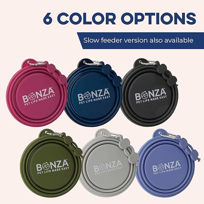 Bonza Collapsible Dog Bowls - 2 Pack, Small 12 oz, Dog Travel Accessories, Silicone Portable Dogs Bowl & Water Dish with Reinforced Rim & Carabiner for Hiking, Camping, and Car Trips, Light Gray