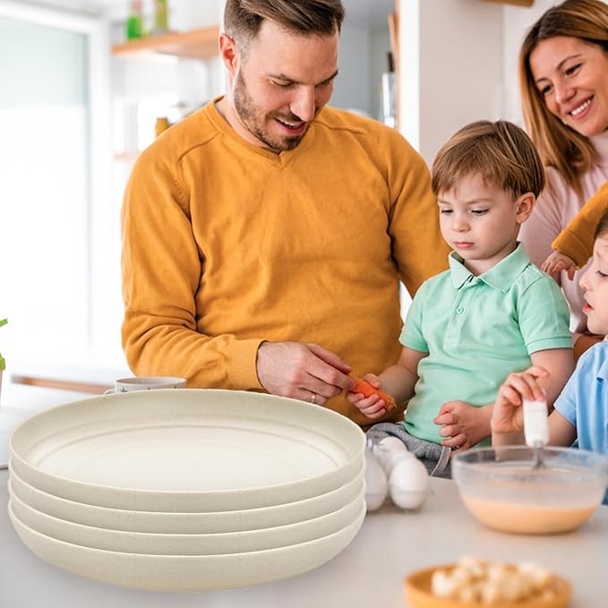Wheat Straw Plates, Unbreakable Dinner Plate Set of 4, 8 Inch Plastic Plate Reusable, Dishwasher & Microwave Safe, Lightweight Salad Plates for Camping/Kitchen (Beige)
