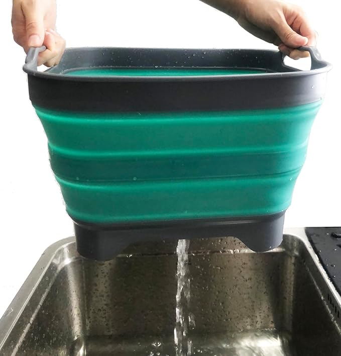 SAMMART 10L (2.64 Gallon) Collapsible Dishpan with Draining Plug - Foldable Washing Basin - Portable Dish Washing Tub - Space Saving Kitchen Storage Tray (1, Grey/Turquoise Blue)