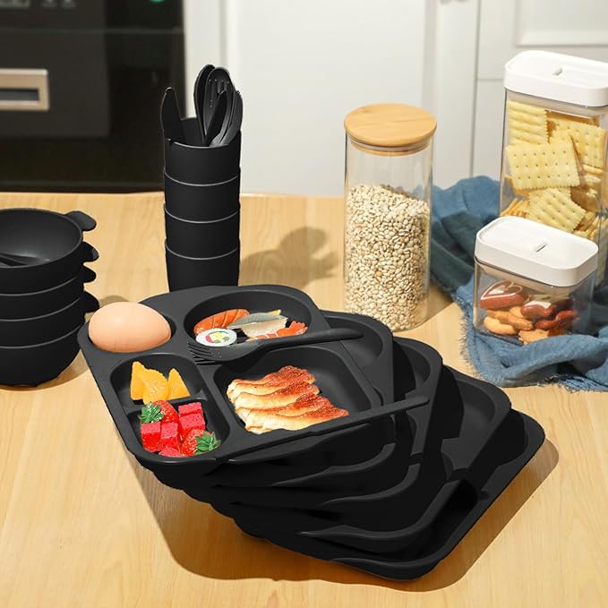 24 Pcs Wheat Straw Dinnerware Cutlery Set for Aldult Including Divided Plates Microwave Dishwasher Safe Bowl Unbreakable Tableware Straw Cutlery Spoon Knife Fork(Black)