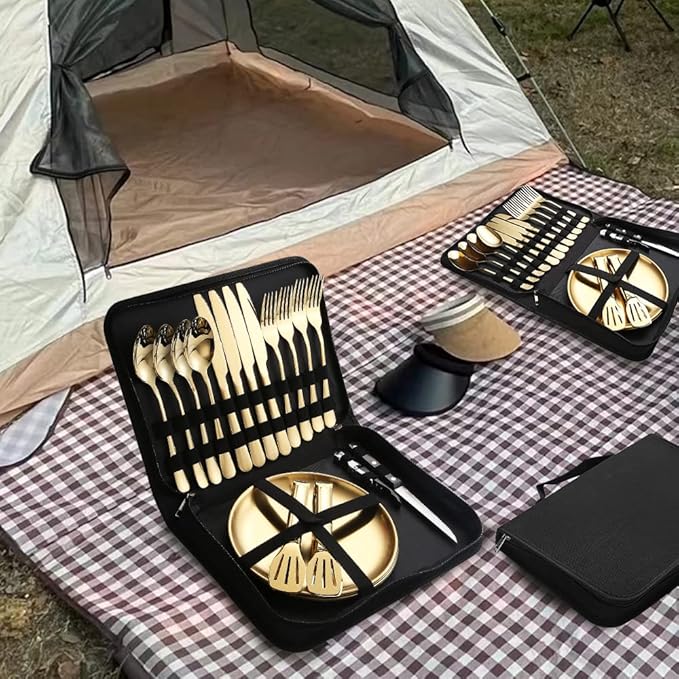 Picnic Dishes Utensils Gold Camping Flatware Set for 4 Portable Dinnerware Plates Silverware Forks Spoons knives Bottle Opener Food Tongs Complete Kit with Zipper Bag