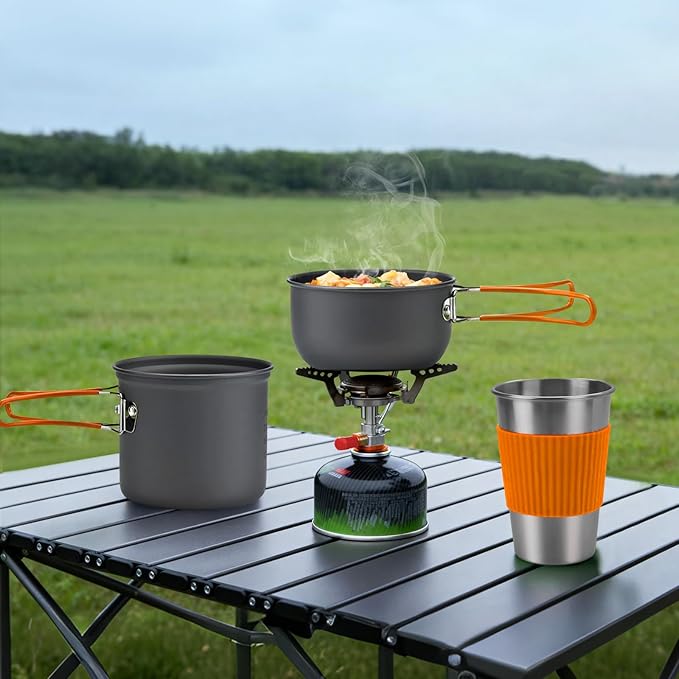 aiGear 8pcs Camping Cookware Mess Kit, Camping Pot and Pan Set with Mini Backpacking Stove, Stainless Steel Cup, Spork and Tank Bracket, Cooking Gear for Hiking Camping Outdoor Picnic