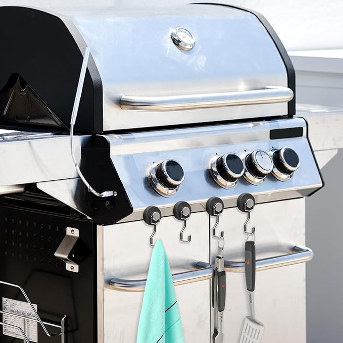 Heavy Duty Magnetic Hooks for Grill, Refrigerator & BBQ – 4-Pack Strong Magnet Hooks for Hanging Grill Tools, Kitchen Utensils, Towels & Outdoor Camping Accessories