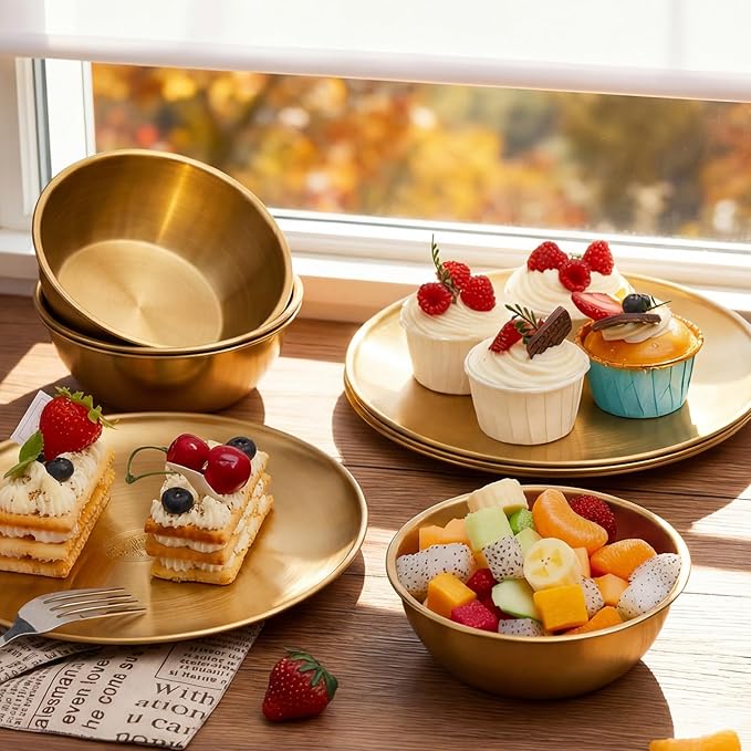8 Pieces 304 Stainless Steel Plates and Bowls Sets - 9 Inch Metal Camping Plates Reusable 20oz Steel Snack Bowls Feeding Serving Dinner Dishes Double Insulated for Adult Girls Boys (Gold)