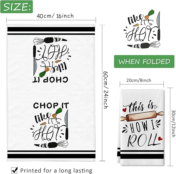 Funny Kitchen Towels and Dishcloths Sets of 4 Kitchen Towels with Sayings Egg Beater Rolling Pin Absorbent Drying Tea Dish Towel for Cooking Baking Home Decorations,18 x 28 Inch