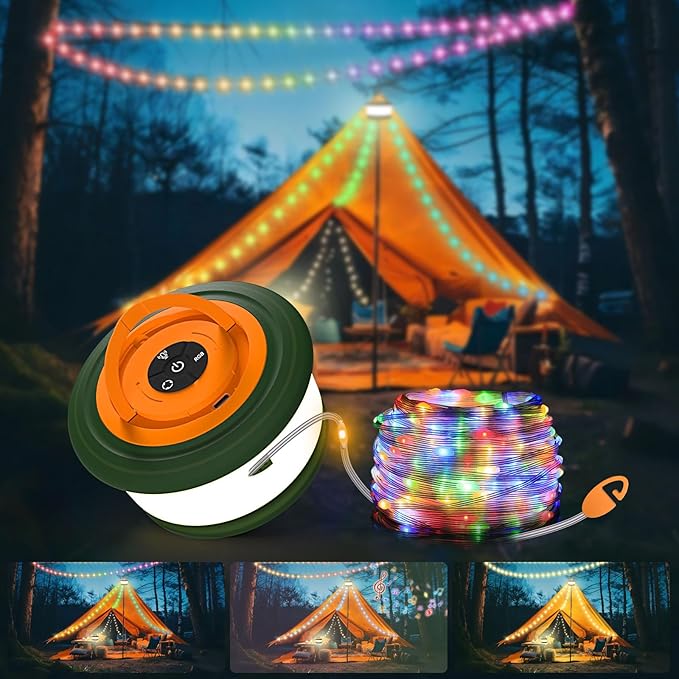 TOHETO Camping String Lights, 3 in 1 Upgraded Retractable RGB Outdoor Tent Lights with 19 Modes, Quick 30s Recovery, 32.8 FT Portable, Rechargeable Camping Lantern (Green & Orange)