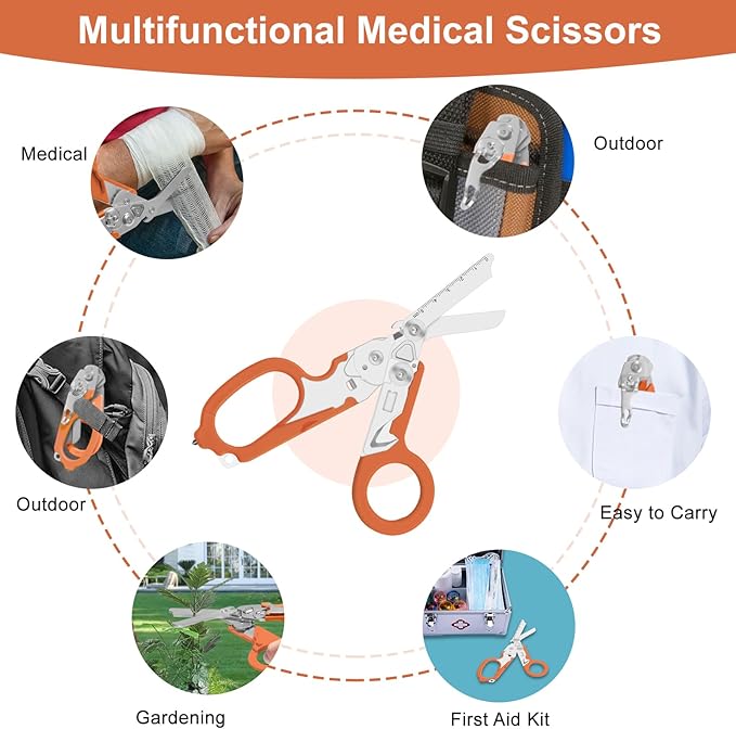 6-in-1 Heavy-Duty Emergency,trauma shears, Folding Retractable Emergency Shears, Outdoor Camping Tools, Seat Belt Cutter, Oxygen Cylinder Wrench, Complimentary Adjustable Wrench (orange)