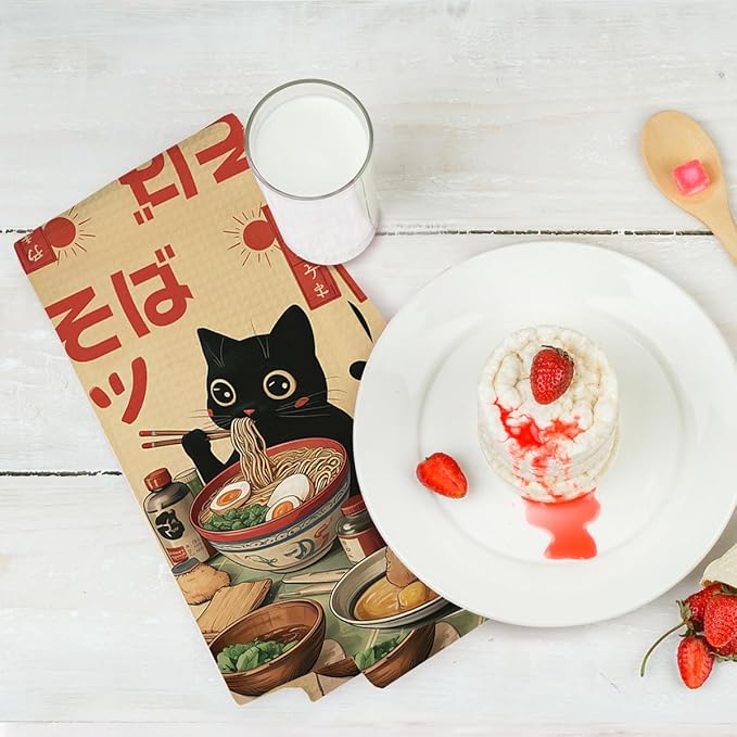 2PCS Vintage Japanese Cat Kitchen Towels, Quirky Ramen Cat Reusable Absorbent Waffle Weave Dish Tea Towels for Cleaning Cooking, Microfiber Kitchen Towel, Cats Lovers Gifts for Women Noodle Lover