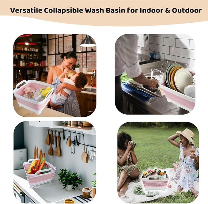 GIMWA Collapsible Wash Basin for Baby Bottles - 2.4 Gallons Portable Wash Bin for RV Camping Sink, Space-Saving Dish Tub (Pink)