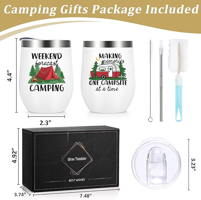 Lifecapido Camping Gifts 2 Pack Stainless Steel Wine Tumblers, Camper Holiday Birthday Christmas Gifts for Women Men Capmer RV Campers (12oz, White)