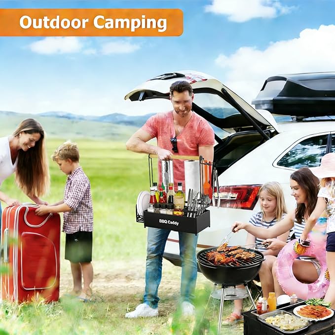 Grill Caddy, BBQ for Outdoor Grill with 2 Paper Towel Holders, Picnic BBQ Condiment Utensil Organizer Caddy for Outdoor Cooking, Rv, Camping Essential, Camper Must Haves,Gifts for Men