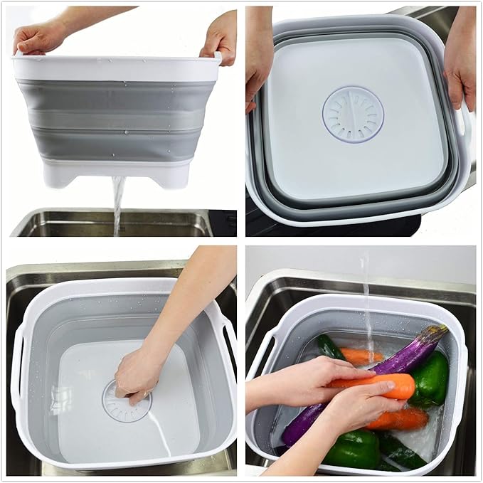 SAMMART 10L (2.64 gallon) Collapsible Dishpan with Draining Plug - Foldable Washing Basin - Portable Dish Washing Tub - Space Saving Kitchen Storage Tray (2, White/Grey)