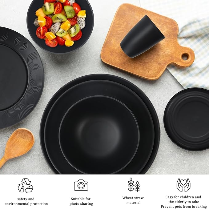 PYRMONT 40 PCS Plates and Bowls Set Wheat Straw Plate Bowl Set Unbreakable Dishes Set for 8 Dishwasher & Microwave Safe Dinner Sets for Kitchen,New House,Dorm-Black