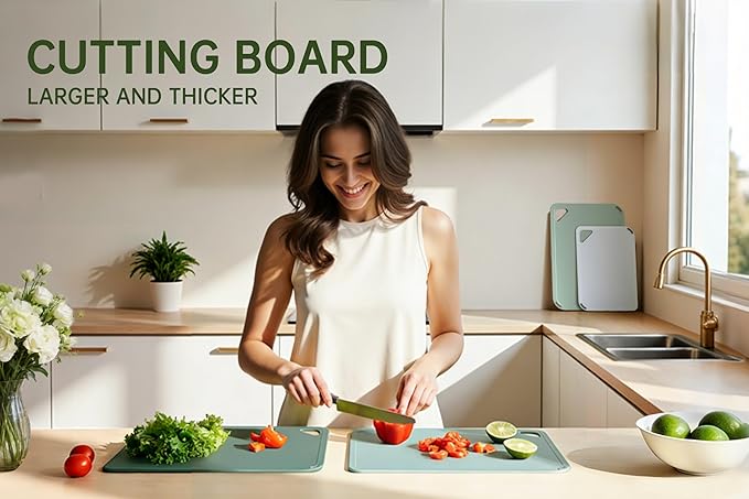 THETCHRY Plastic Cutting Board Set of 4, Extra Large Cutting Board for Kitchen with Non-Slip, Large -Small Chopping Board for Cooking, Bpa Free, with Grip Handle,Green
