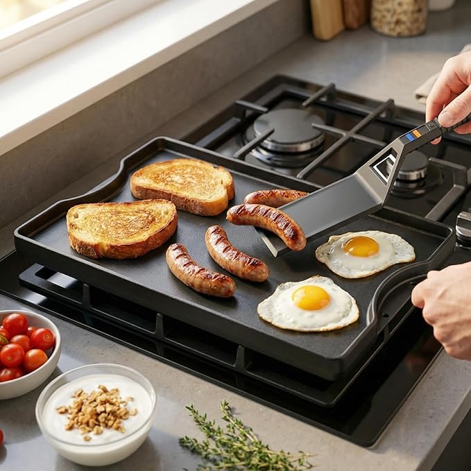 Utheer Griddle Kit, 16.5" x 10.5" Reversible Cast Iron Flat Top Griddle with 5-Piece Scratch-Free Silicone Tools, Ceramic Nonstick Grill Griddle for Stove Top, Gas Grill, BBQ and Camping