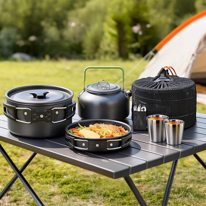 ROVSUN 34/10/6 pcs Camping Cookware Mess Kit, Lightweight Non-Stick Camping Cooking Pot and Pan Set with Stainless Steel Camping Gear Kettle Cup for Open Fire, Backpacking, Outdoor Cooking