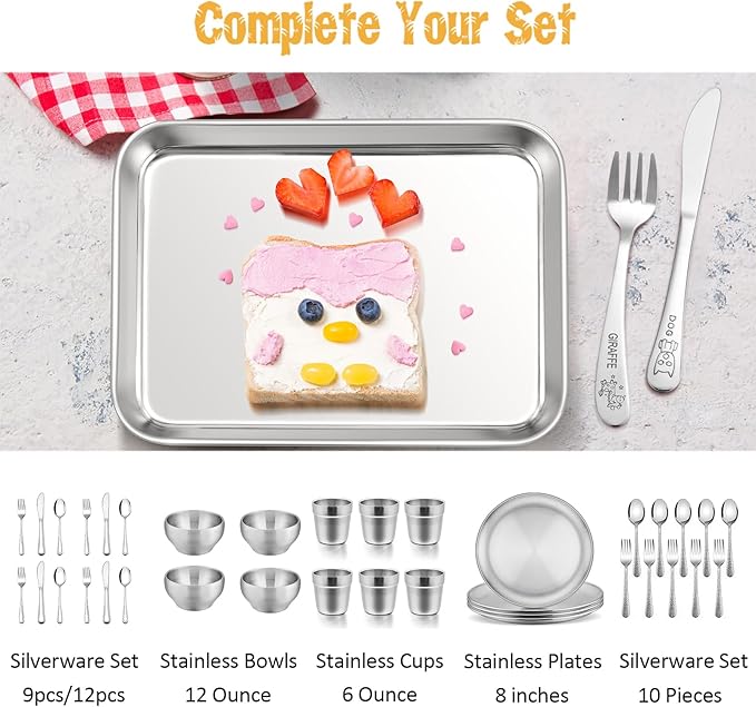 E-far Stainless Steel Kids Plates, 4 Pieces Small Metal Dinner Dish Set for Kids Toddler Child, 9.4” x 7.3” x 1”, Non-Toxic & Dishwasher Safe, Great for Self-Feeding/Picnic/Outdoor Camping