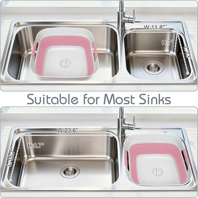Collapsible Dish Basin with Drain Plug, 2.4 Gal 9L Foldable Wash Basin, Portable Sink Tub for Kitchen, Baby Bottles, Camping, RV, Vegetable Washing and Beverage Tub, Pink