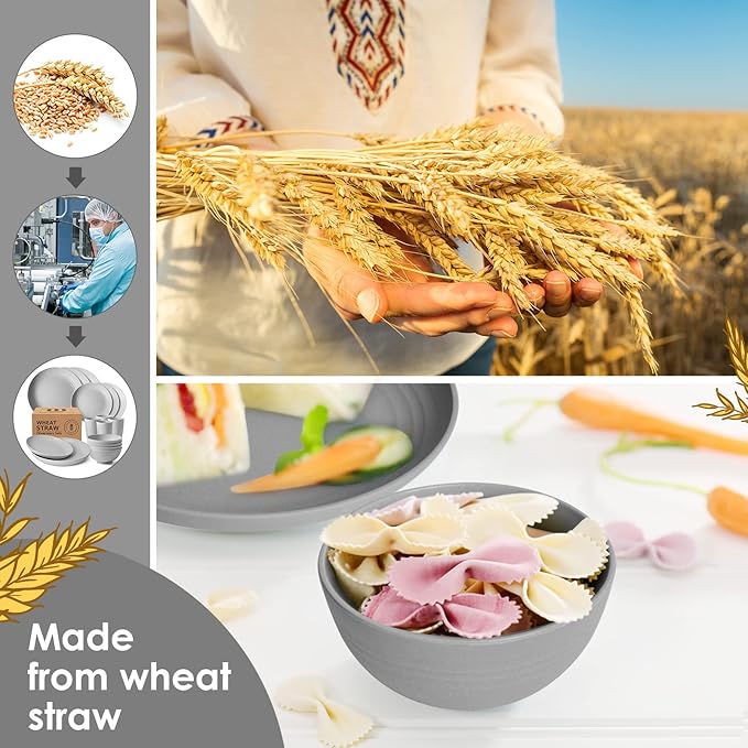 Teivio 16-Piece Kitchen Plastic Wheat Straw Dinnerware Set, Service for 4, Dinner Plates, Dessert Plate, Cereal Bowls, Cups, Unbreakable Plastic Outdoor Camping Dishes, Grey
